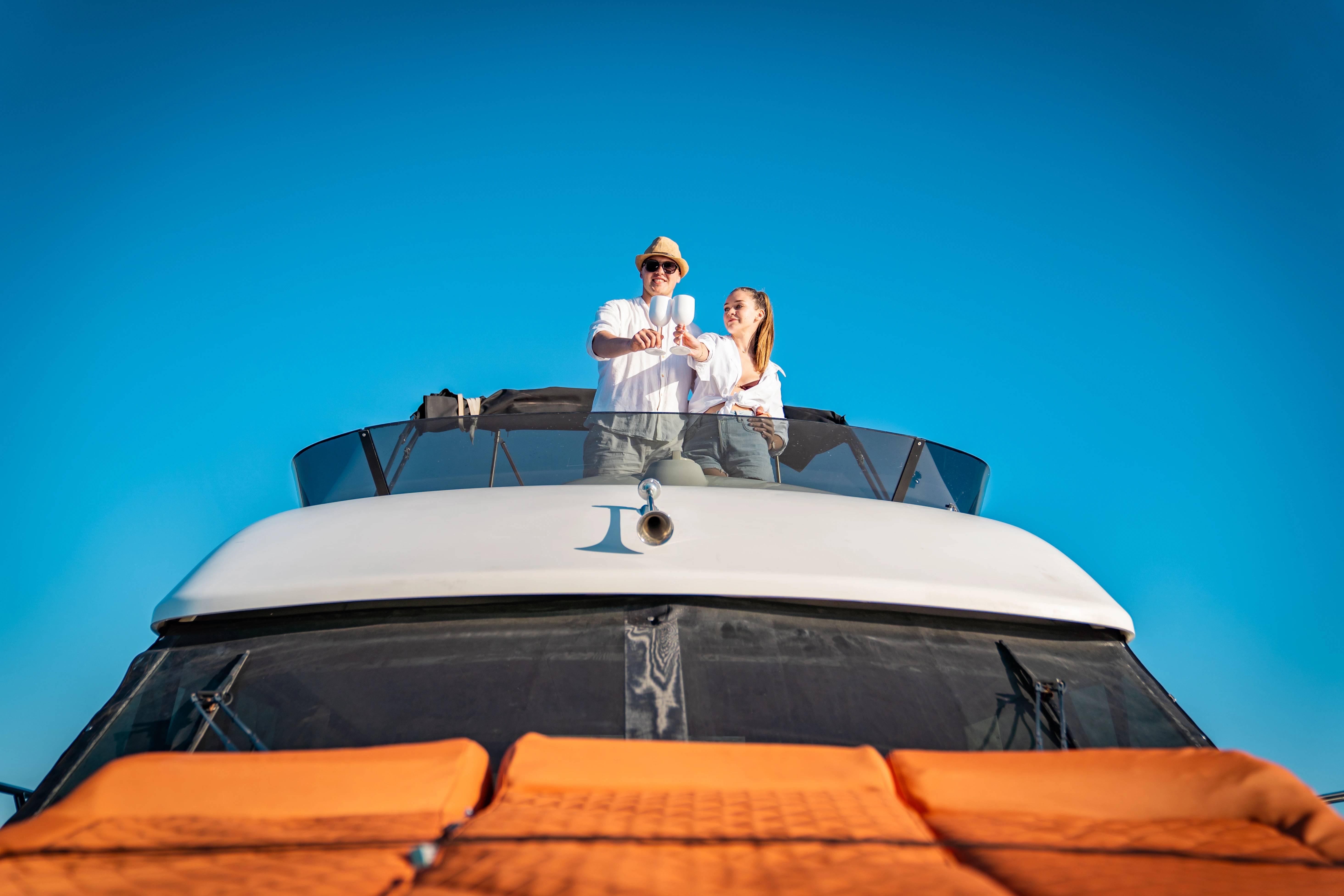Yacht Prestige Fly 36 toast on flybridge